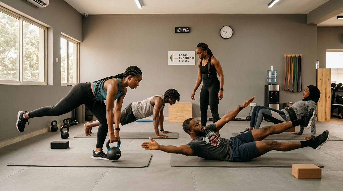 Group movement station work in clean indoor Lagos gym studio room